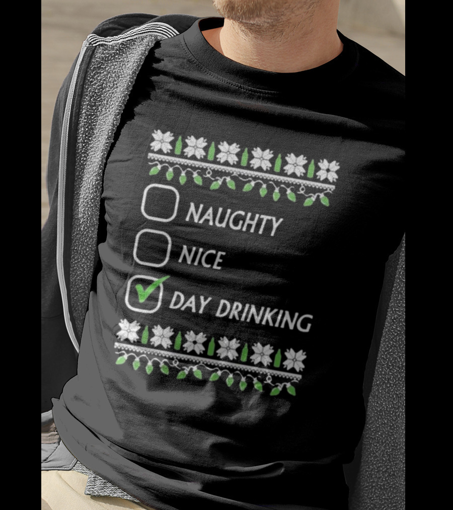 Naughty Nice Day Drinking Christmas Floral Checklist T-Shirt