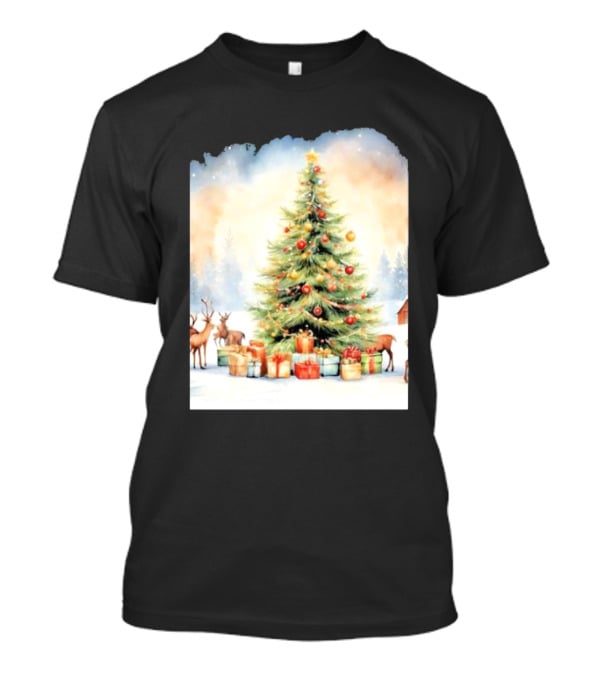 Watercolor Christmas Tree With Reindeer And Presents Scene T-Shirt