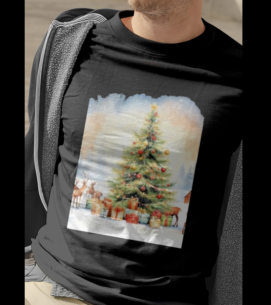 Watercolor Christmas Tree With Reindeer And Presents Scene T-Shirt