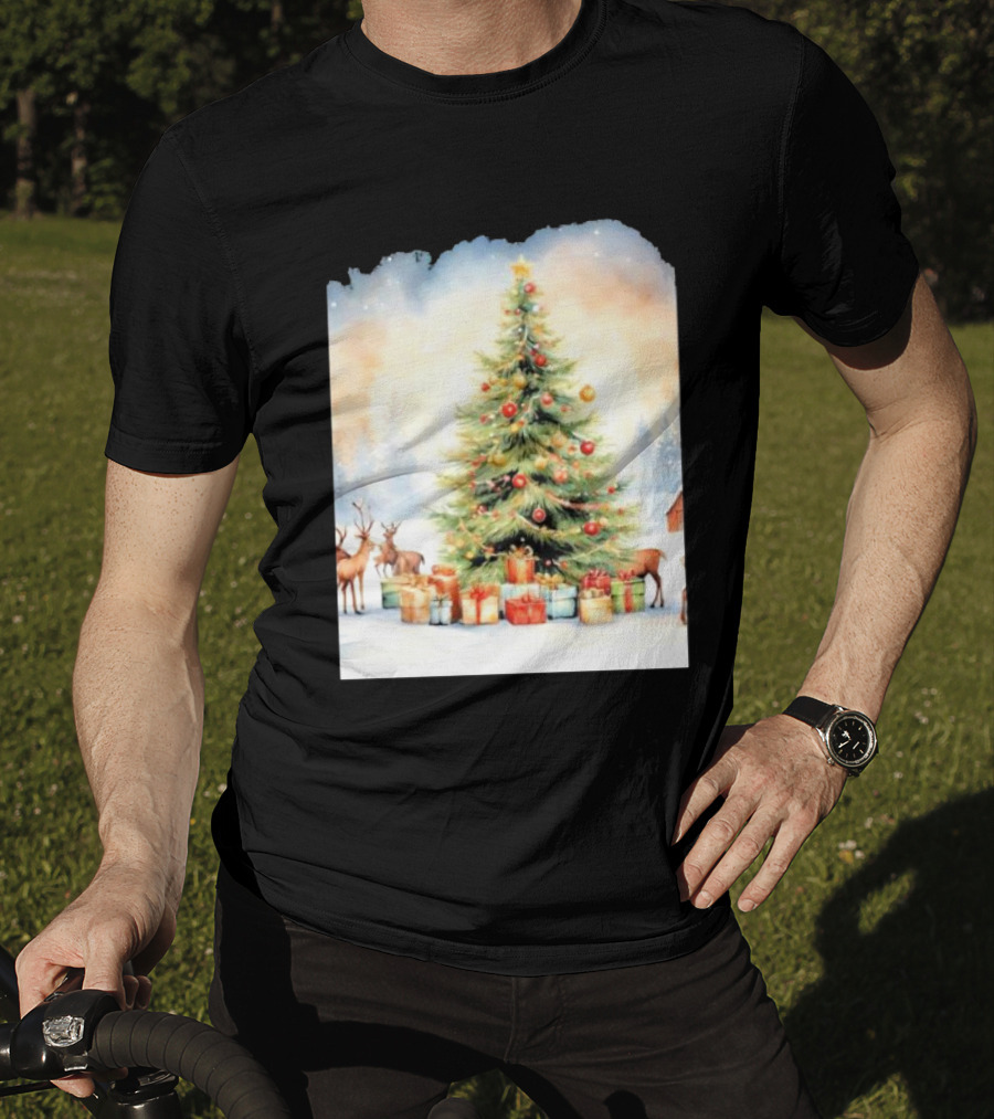 Watercolor Christmas Tree With Reindeer And Presents Scene T-Shirt