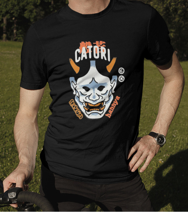 Catori Hannya Mask Face Copyright Symbol Orange Horns T-Shirt