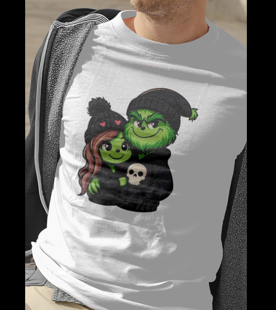 Cute Grinch And Girlfriend In Black Beanies With Skull Hoodie And Heart Details T-Shirt