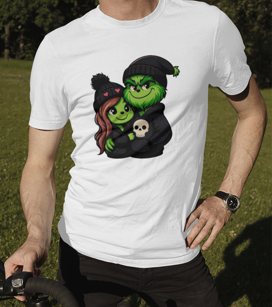 Cute Grinch And Girlfriend In Black Beanies With Skull Hoodie And Heart Details T-Shirt