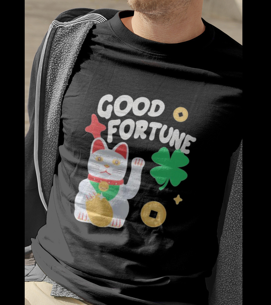 Good Fortune Cat With Clover And Coins T-Shirt