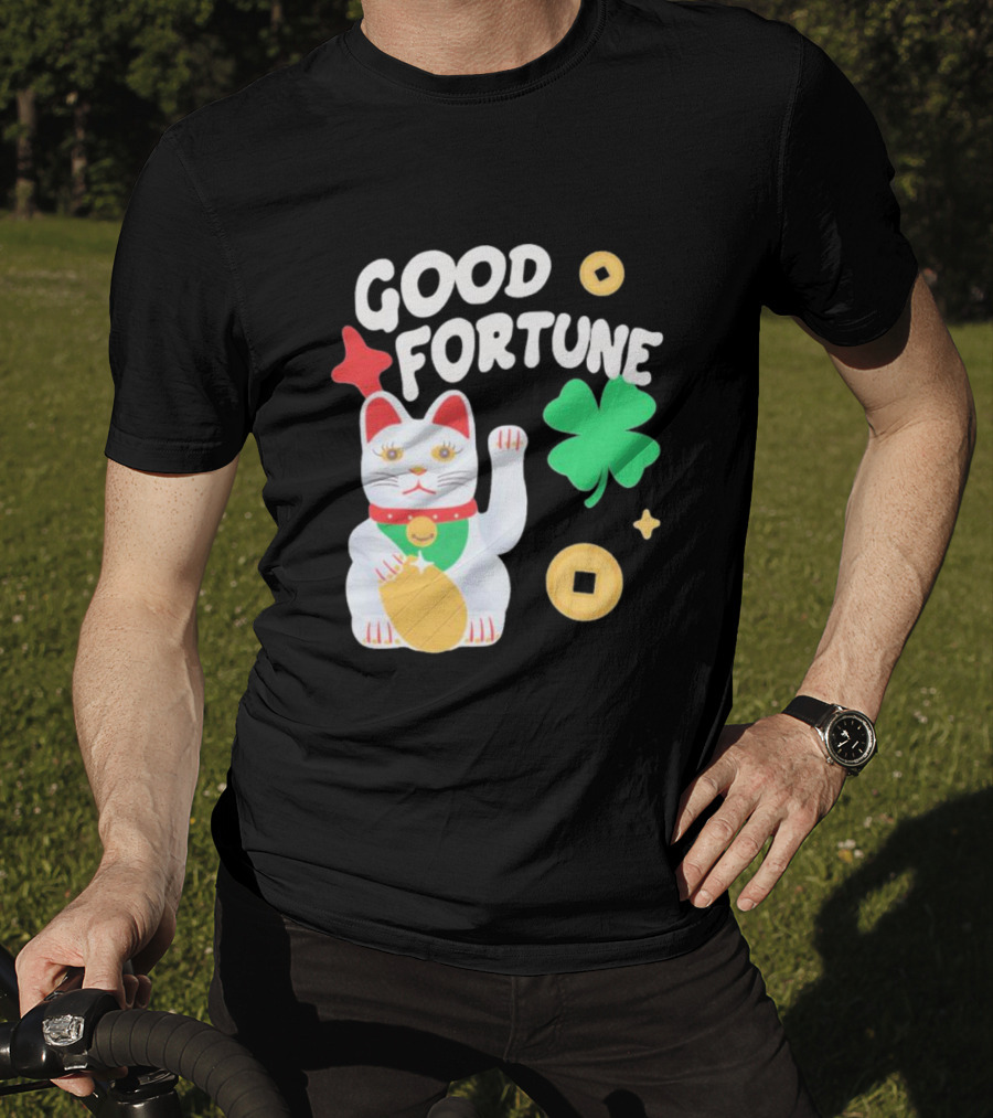 Good Fortune Cat With Clover And Coins T-Shirt
