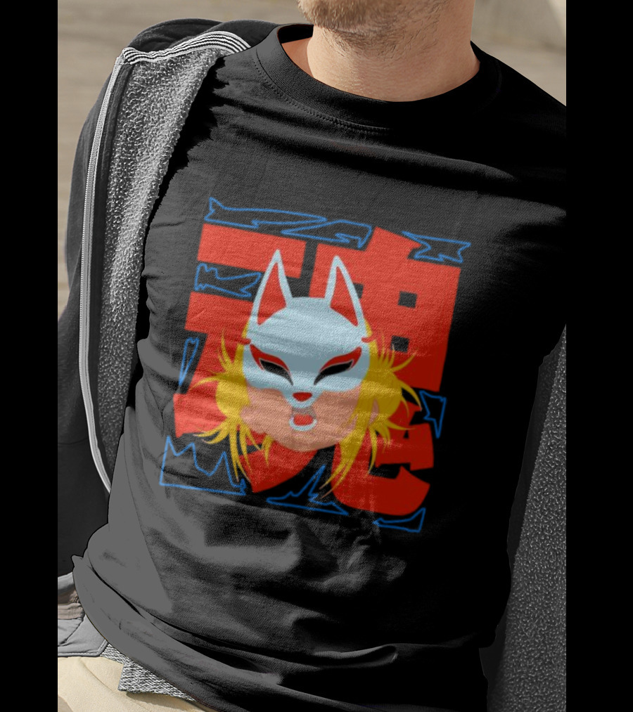 Kitsune Catori Mask With Red Kanji And Blond Hair T-Shirt