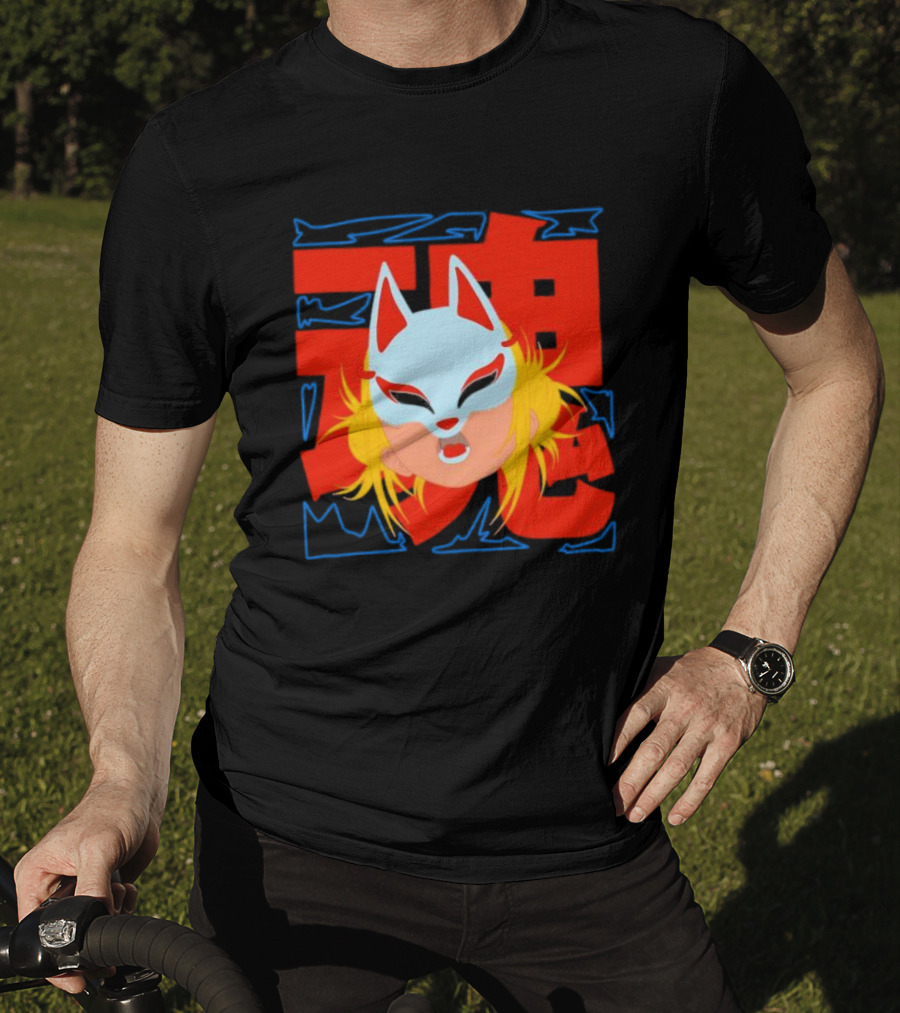 Kitsune Catori Mask With Red Kanji And Blond Hair T-Shirt
