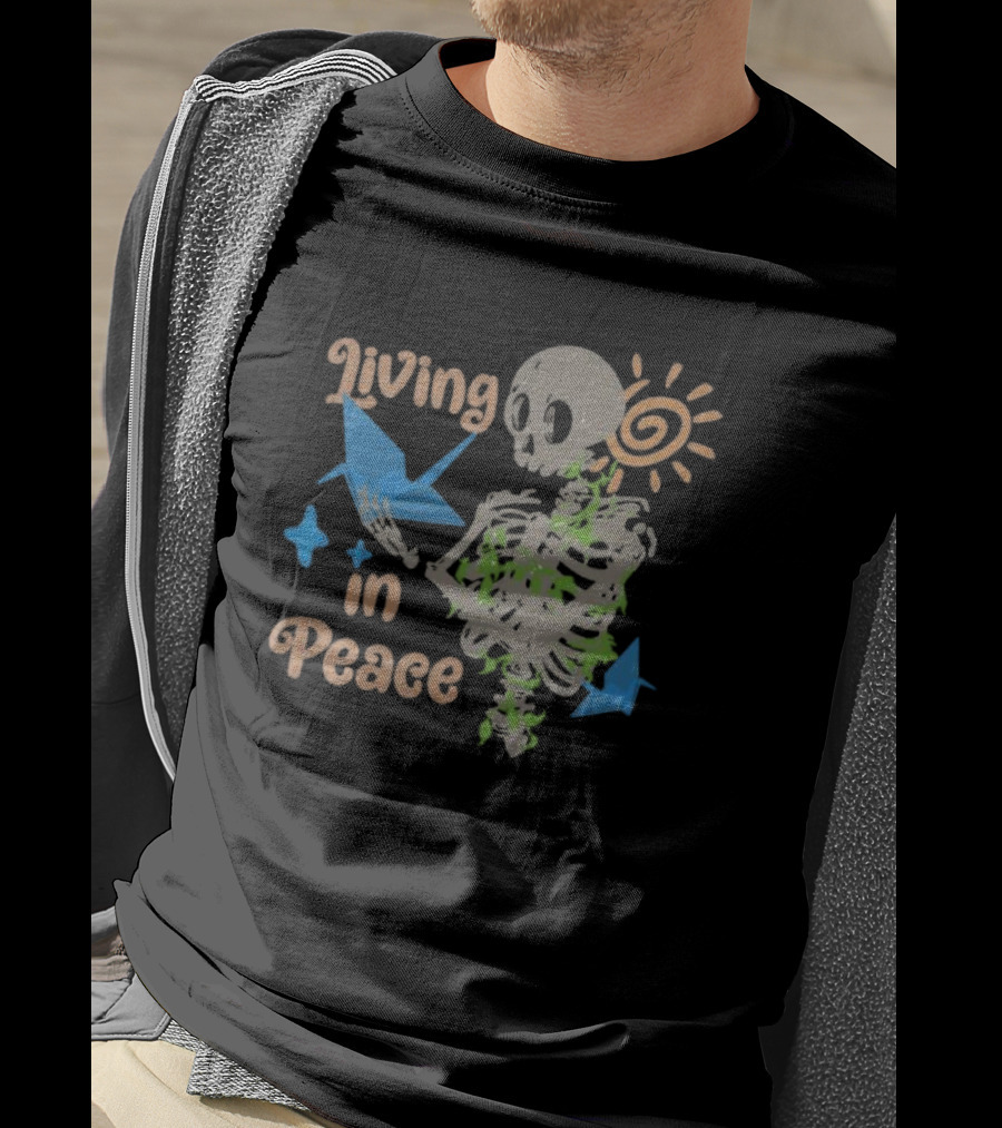 Living In Peace Skeleton Sun Origami Birds T-Shirt