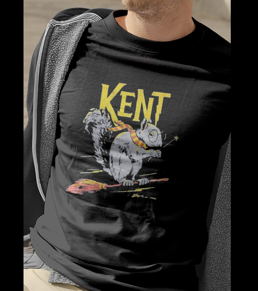 Kent Wizardly Squirrel Riding Broomstick With Wand And Scarf T-Shirt
