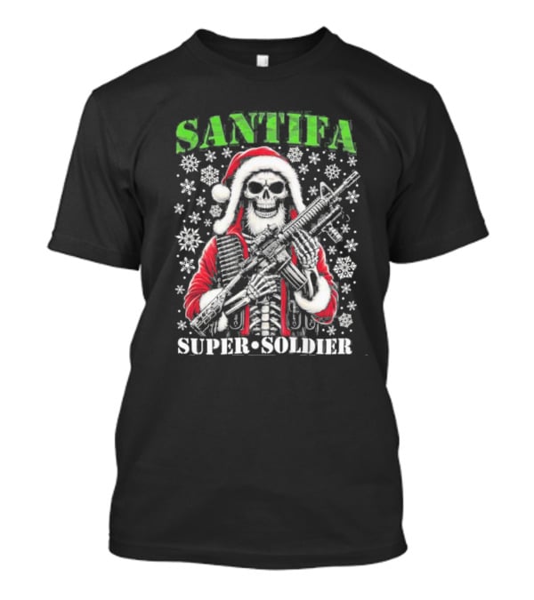 Santifa Super Soldier Skeleton Santa With Snowflakes And Rifle T-Shirt