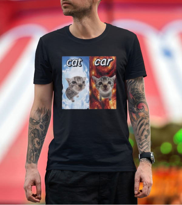 Premium T-Shirt: Cat Car Cringey Showdown in Cosmic Clouds and Fiery Vortex T-Shirt Cat Car Cringey Showdown in Cosmic Clouds and Fiery Vortex T-Shirt