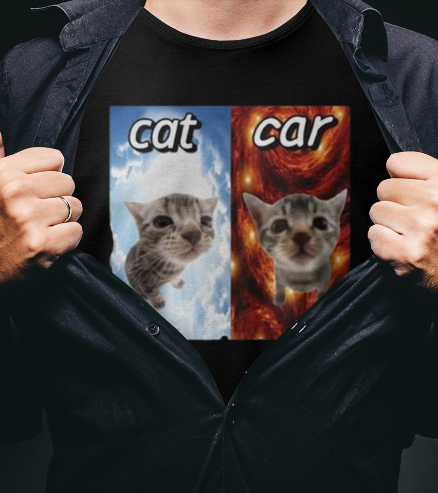 Cat Car Cringey Showdown In Cosmic Clouds And Fiery Vortex T-Shirt