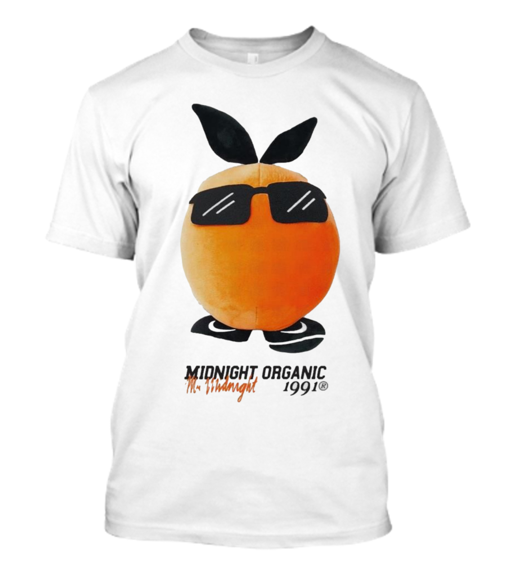 Midnight Organic Mr. Midnight 1991 Orange Character With Sunglasses T-Shirt