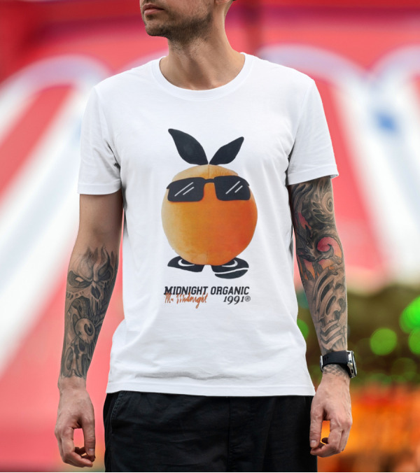 Premium T-Shirt: Midnight Organic Mr. Midnight 1991 Orange Character with Sunglasses T-Shirt Midnight Organic Mr. Midnight 1991 Orange Character with Sunglasses T-Shirt
