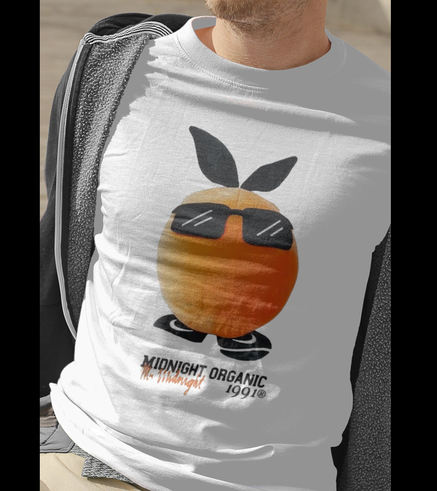 Midnight Organic Mr. Midnight 1991 Orange Character With Sunglasses T-Shirt