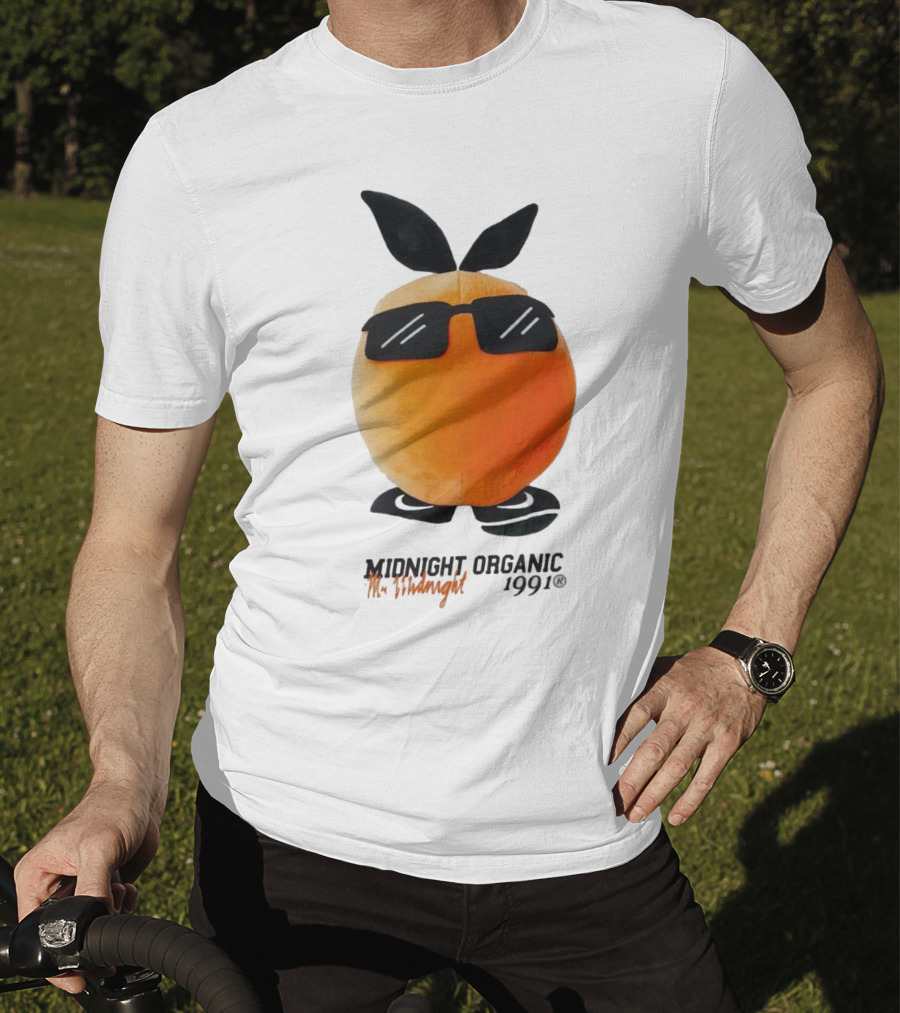 Midnight Organic Mr. Midnight 1991 Orange Character With Sunglasses T-Shirt