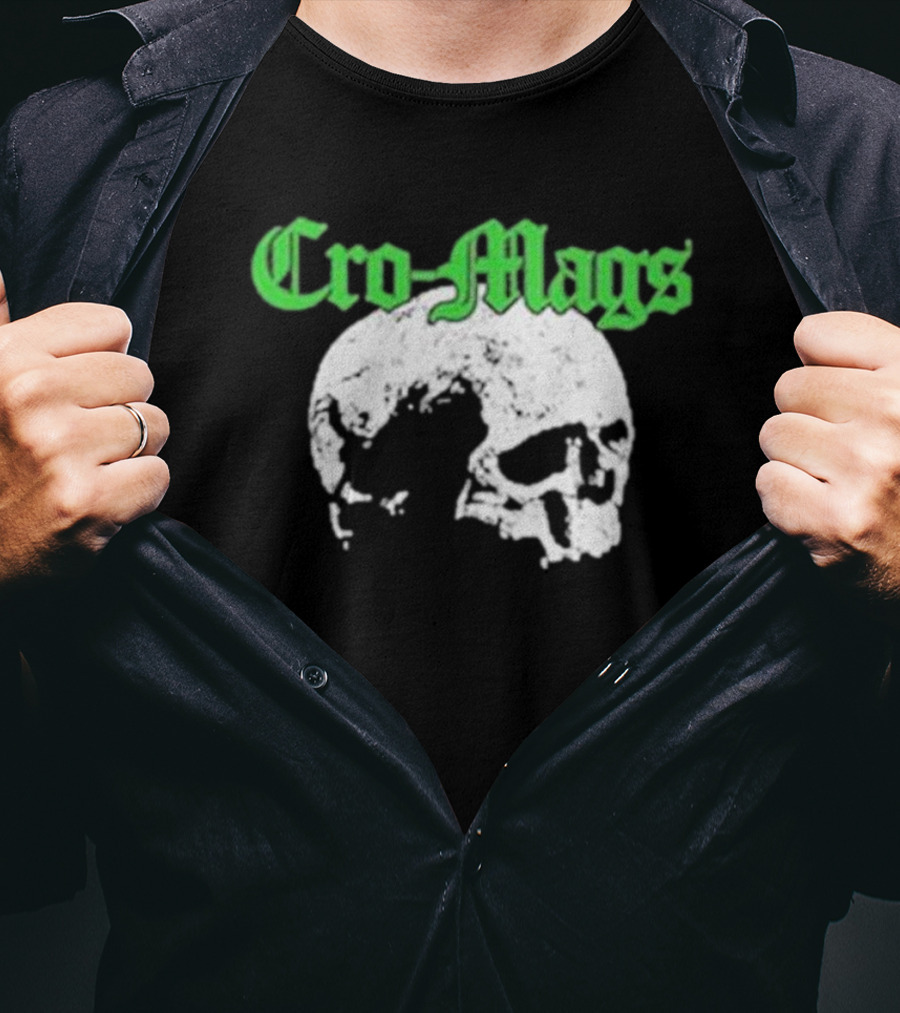 Cro Mags Green Text White Skull T-Shirt