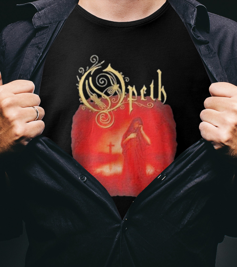 Opeth Still Life Gothic Red Cloaked Figure And Cross T-Shirt