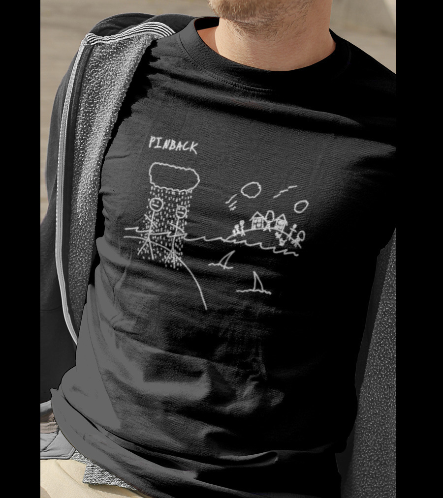 Pinback Stick Figures And Shark With Village Scene T-Shirt