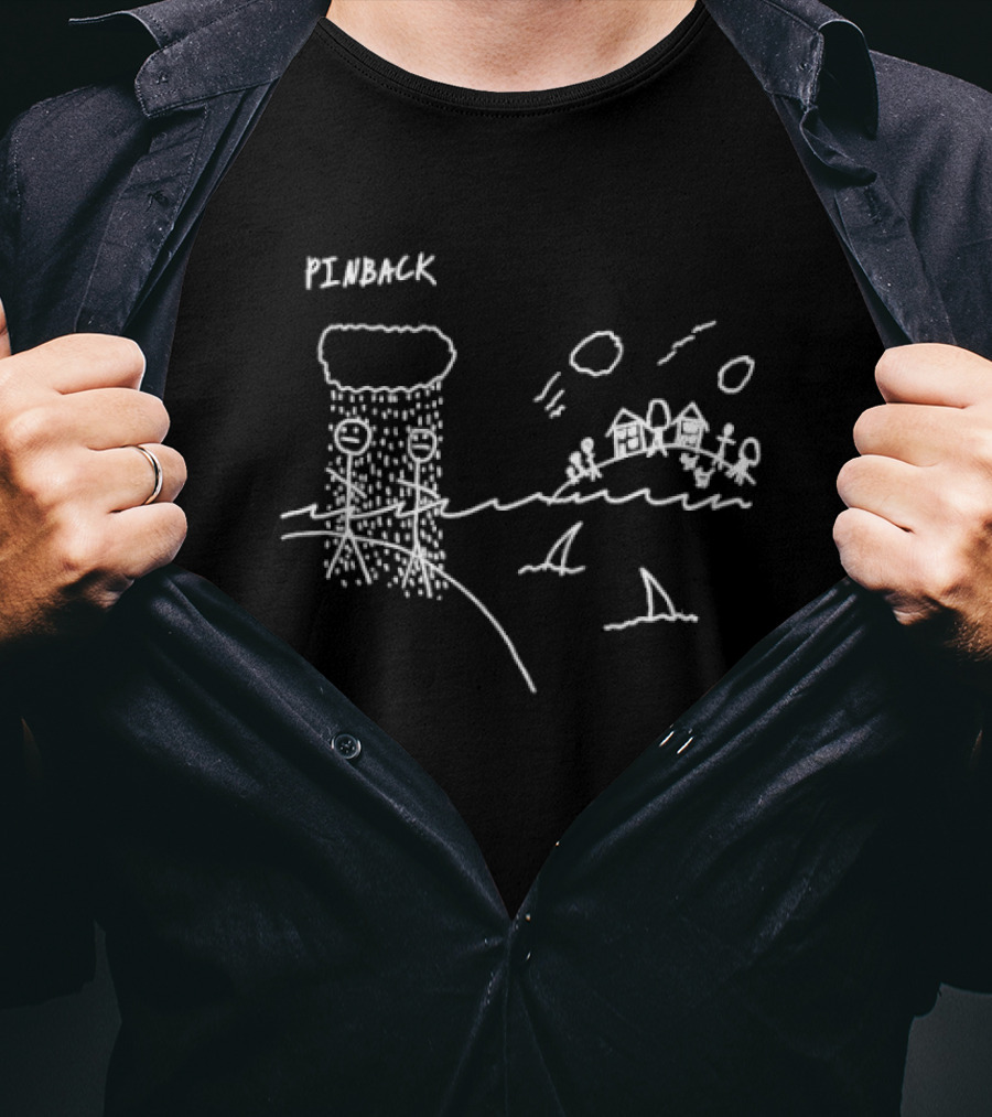 Pinback Stick Figures And Shark With Village Scene T-Shirt