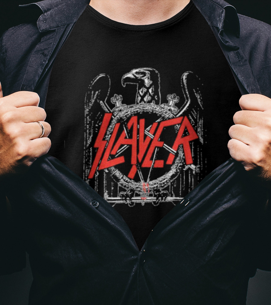 Slayer Black Eagle Logo With Red Text And Crossed Swords T-Shirt