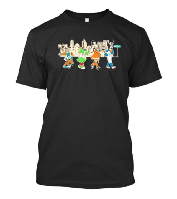 Philly Sports Team Mascot Parade Against City Skyline T-Shirt