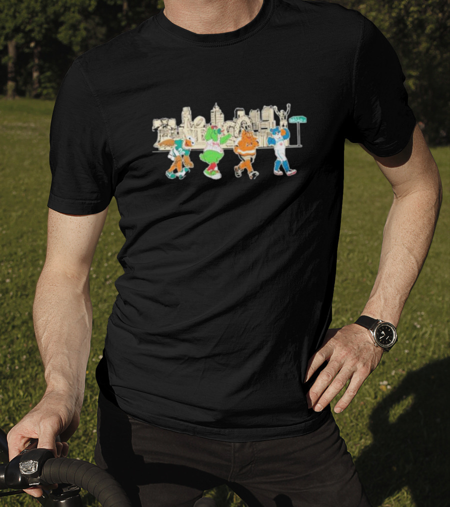 Philly Sports Team Mascot Parade Against City Skyline T-Shirt