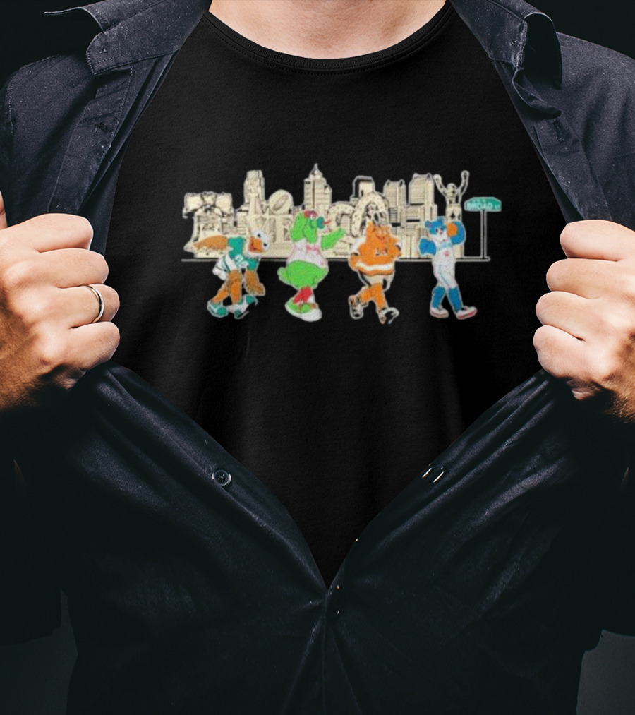Philly Sports Team Mascot Parade Against City Skyline T-Shirt