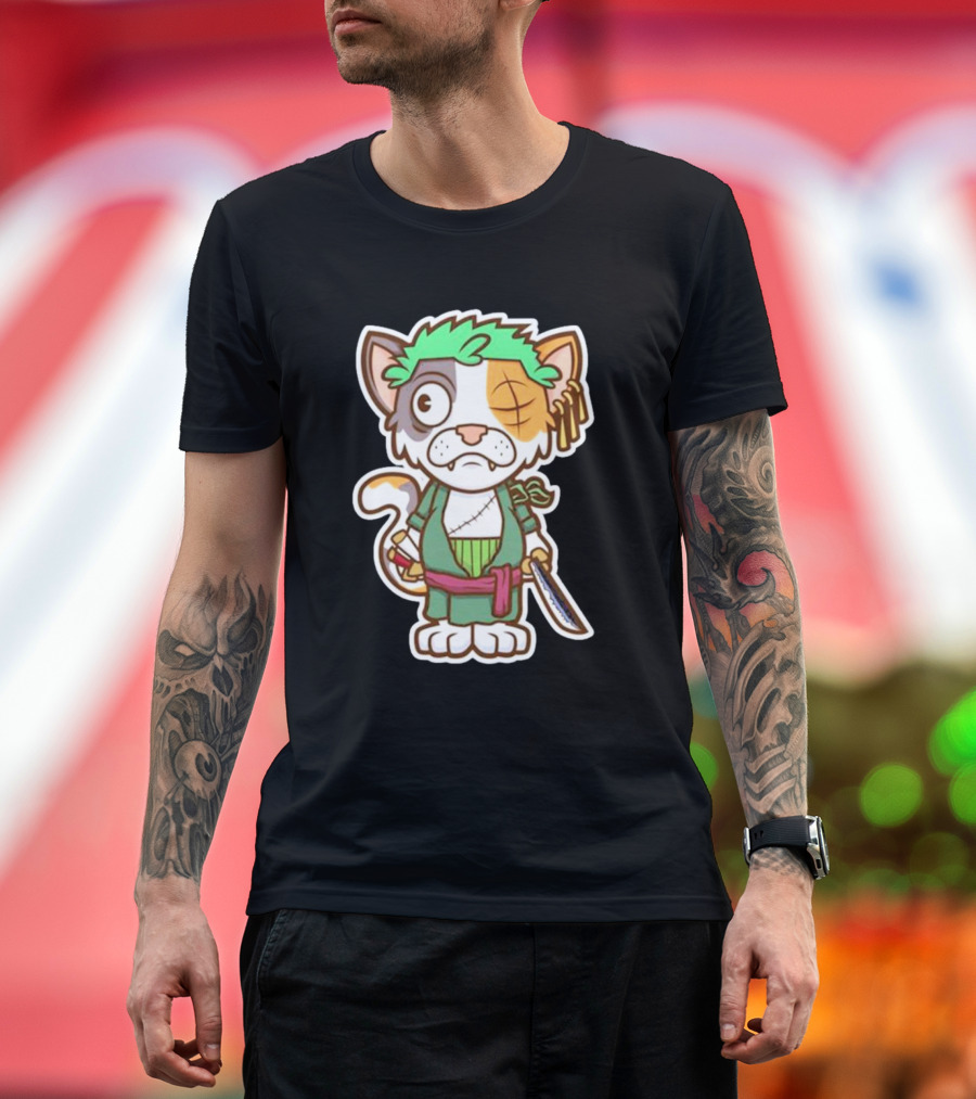 Roronoa Lingling Cat Pirate Anime Character Sword Green Hair Eye Patch T-Shirt
