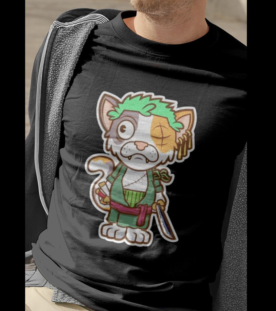 Roronoa Lingling Cat Pirate Anime Character Sword Green Hair Eye Patch T-Shirt