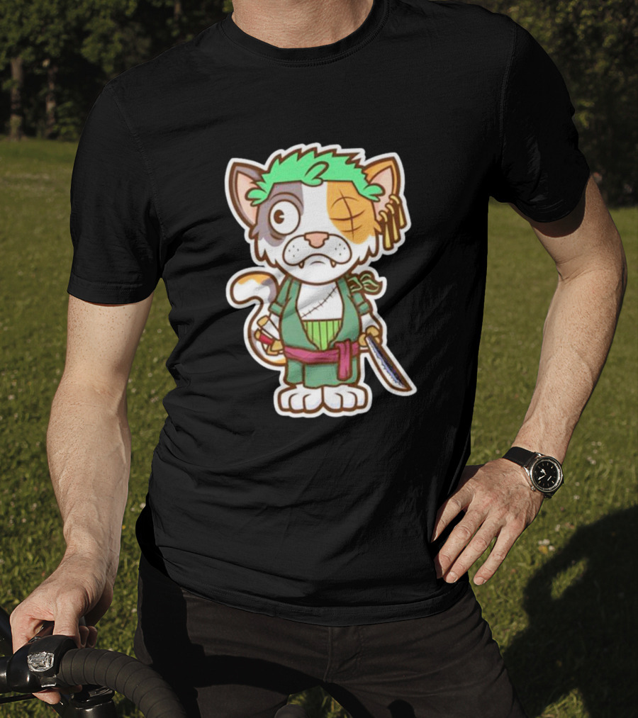 Roronoa Lingling Cat Pirate Anime Character Sword Green Hair Eye Patch T-Shirt