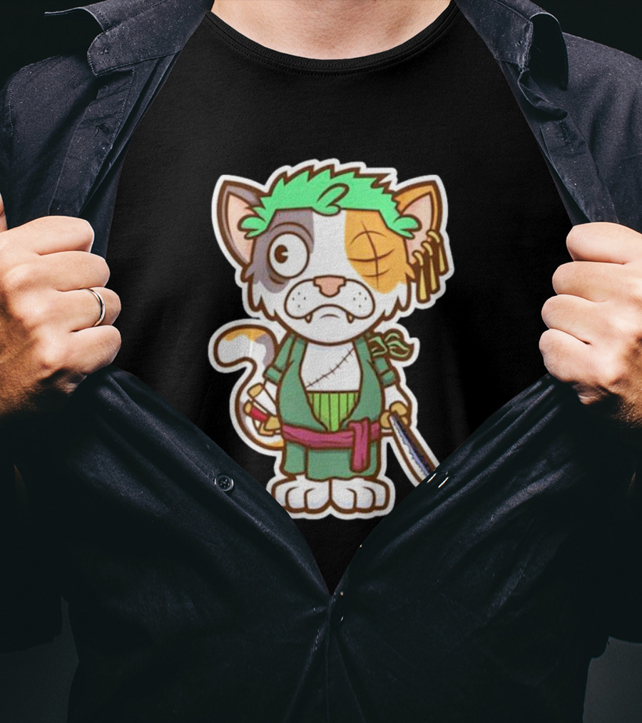 Roronoa Lingling Cat Pirate Anime Character Sword Green Hair Eye Patch T-Shirt