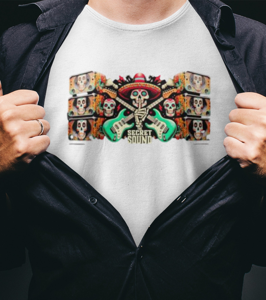 Secret Sound Skull Sombrero Guitars And Speakers T-Shirt