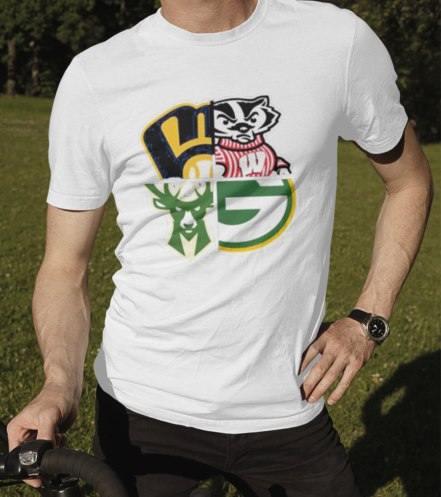 Milwaukee Brewers Packers Badgers Bucks Wisconsin Sports Quad T-Shirt