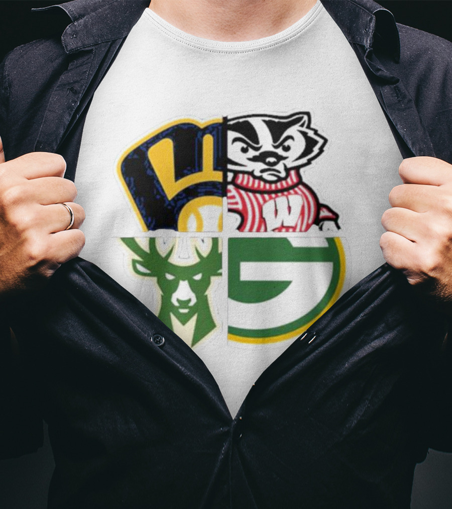 Milwaukee Brewers Packers Badgers Bucks Wisconsin Sports Quad T-Shirt