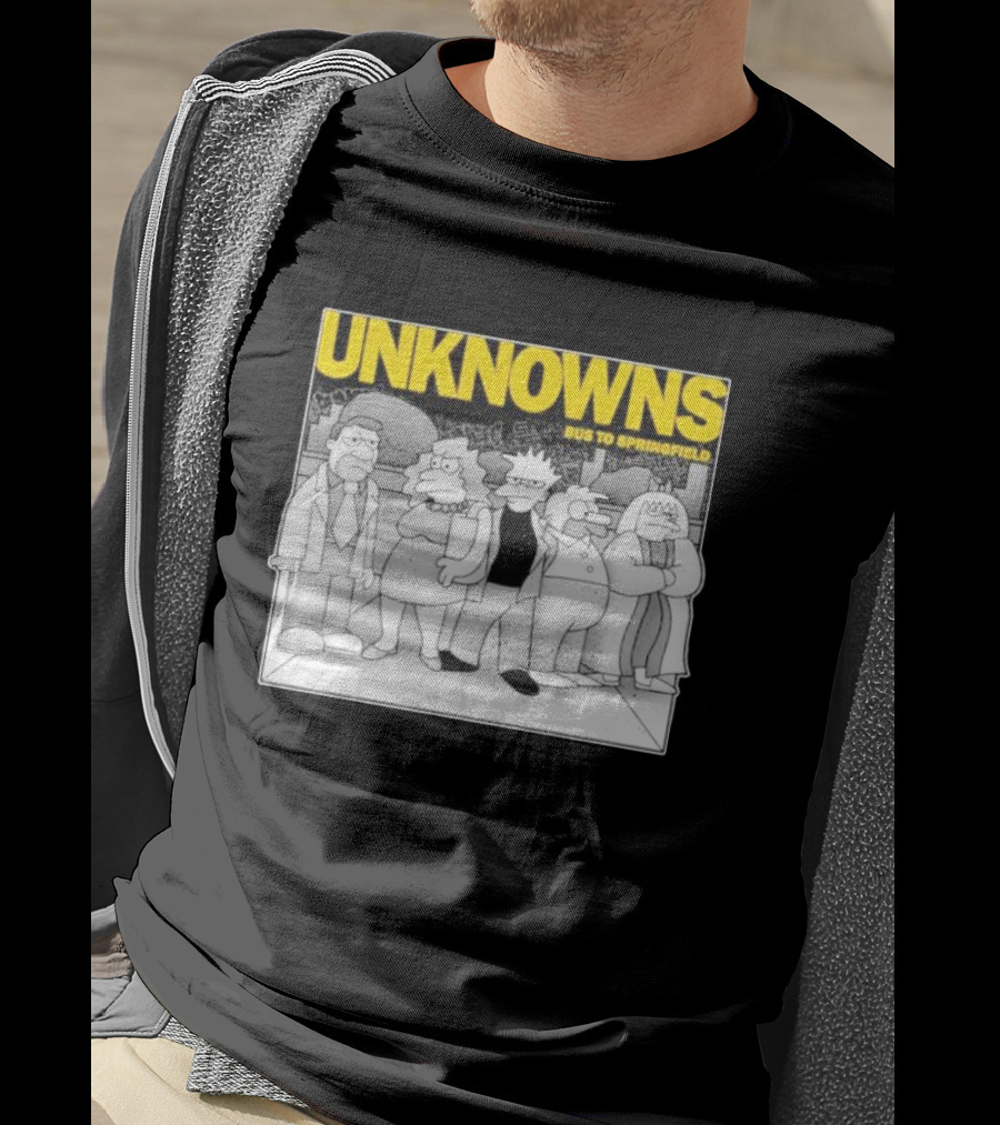 Unknowns Bus To Springfield Cartoon Characters In Black And White Scene T-Shirt