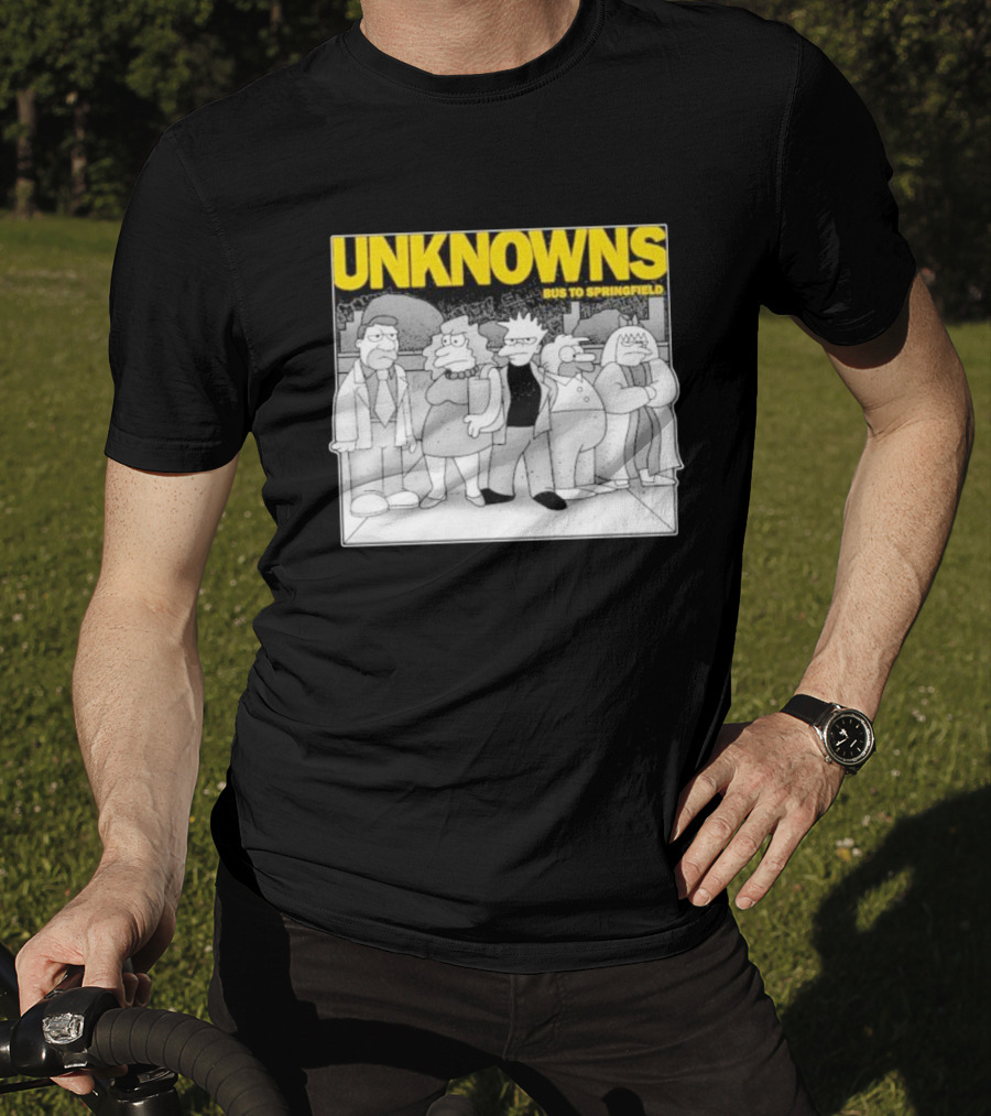 Unknowns Bus To Springfield Cartoon Characters In Black And White Scene T-Shirt