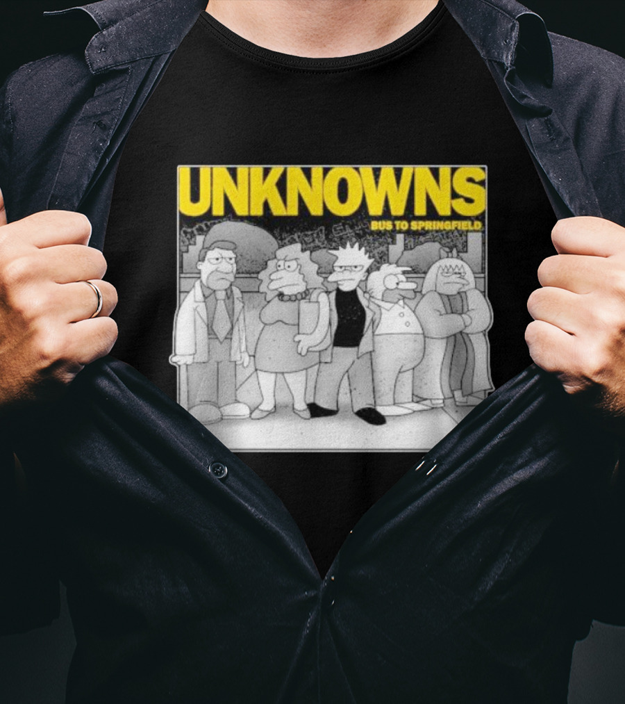 Unknowns Bus To Springfield Cartoon Characters In Black And White Scene T-Shirt