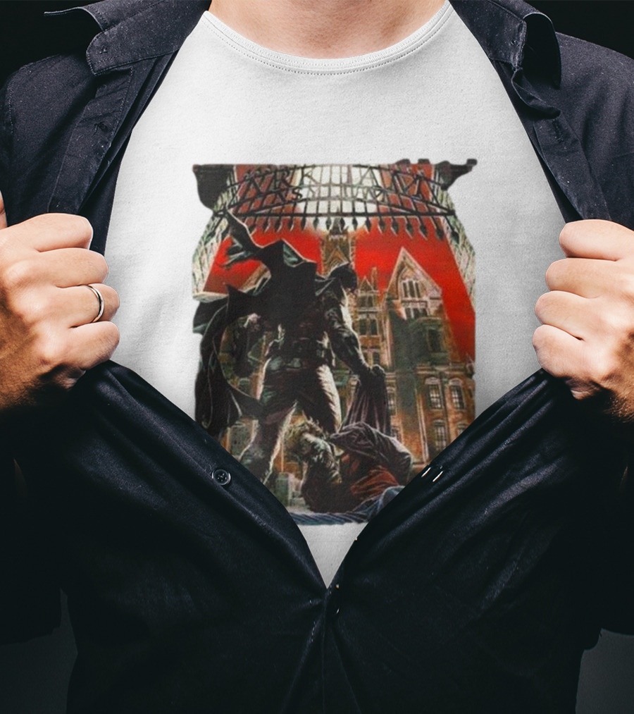 Batman Arkham Asylum Gothic Gate Dynamic Red Background Scene T-Shirt
