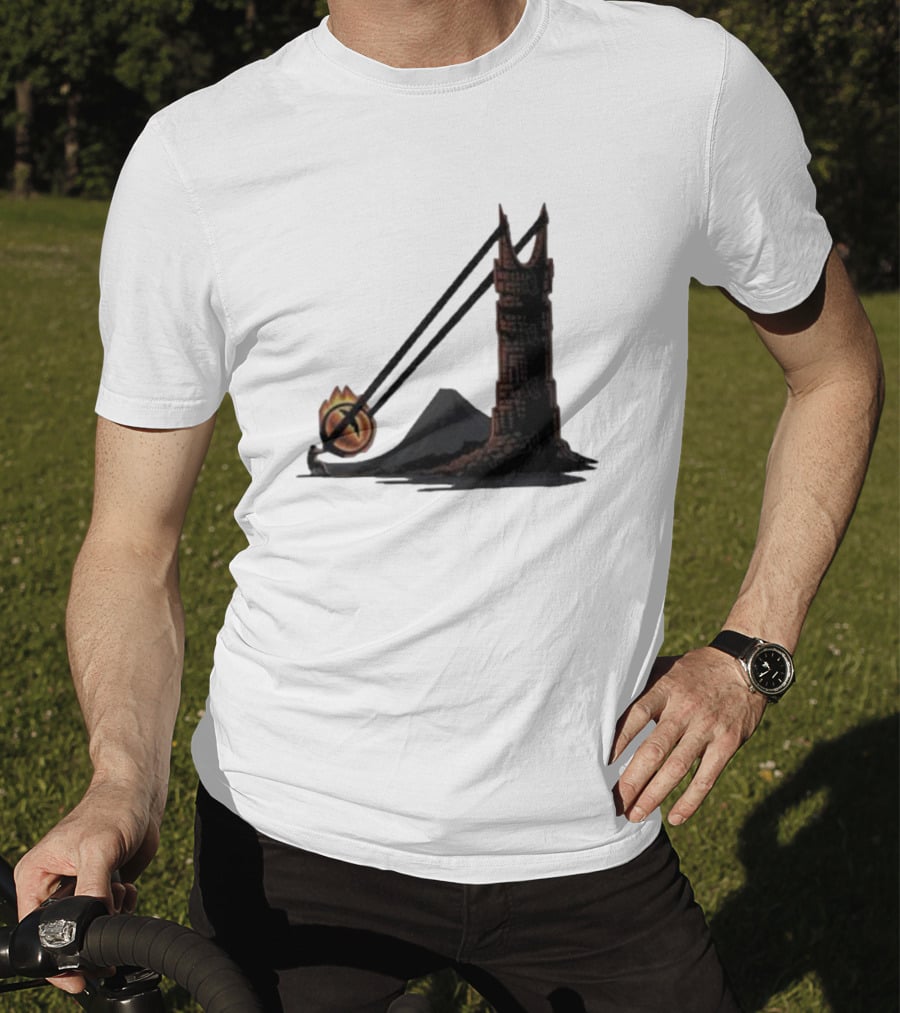 Dark Slingshot Eye Tower With Mountain In Background T-Shirt