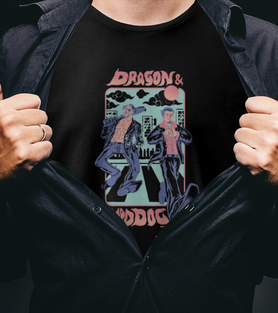 Dragon And Mad Dog Retro Cartoon Nighttime Adventure T-Shirt