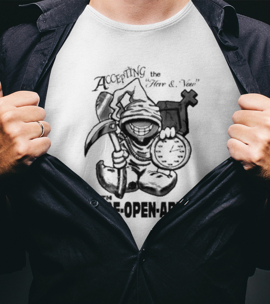 Accepting The Here And Now With Wide Open Arms Grim Reaper Holding Clock And Scythe T-Shirt