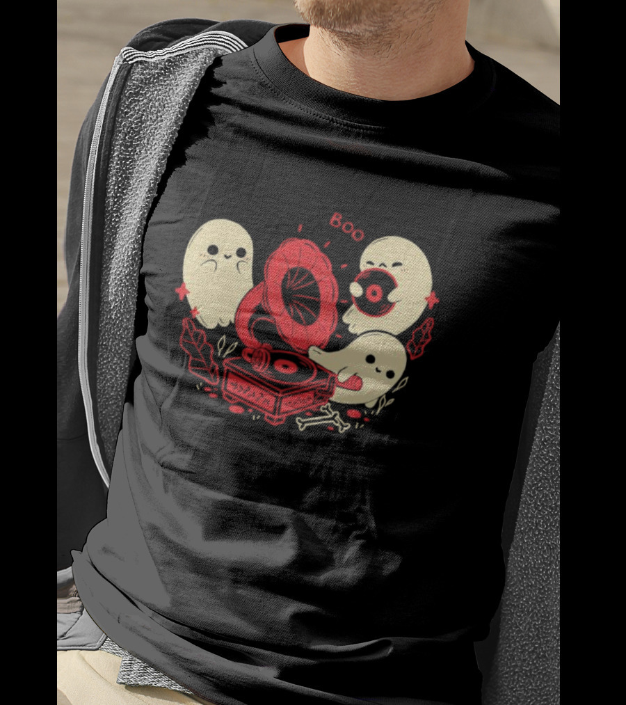 Boo Cute Gramophone Record Spooky Ghosts T-Shirt