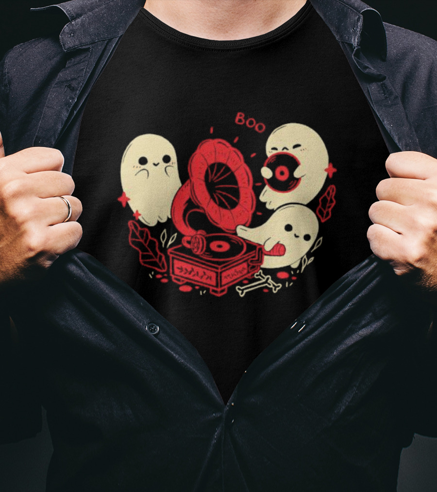 Boo Cute Gramophone Record Spooky Ghosts T-Shirt