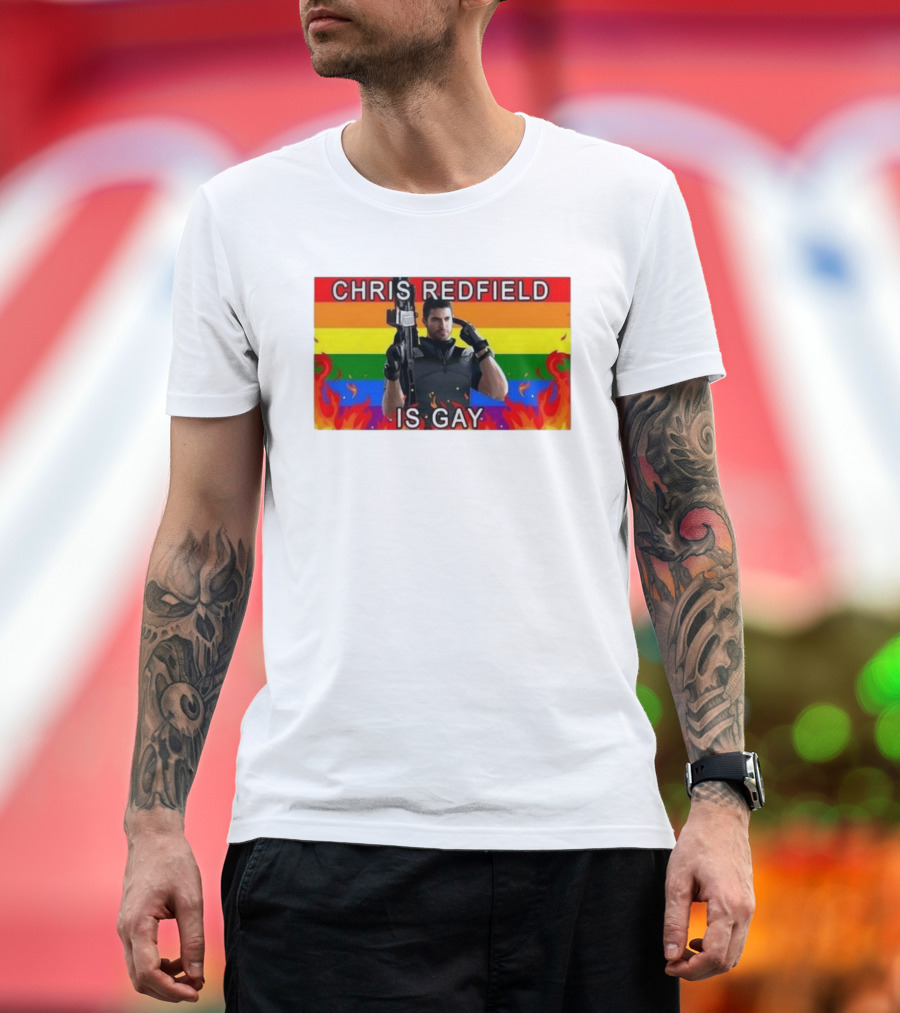 Chris Redfield Is Gay Rainbow Background Flames T-Shirt