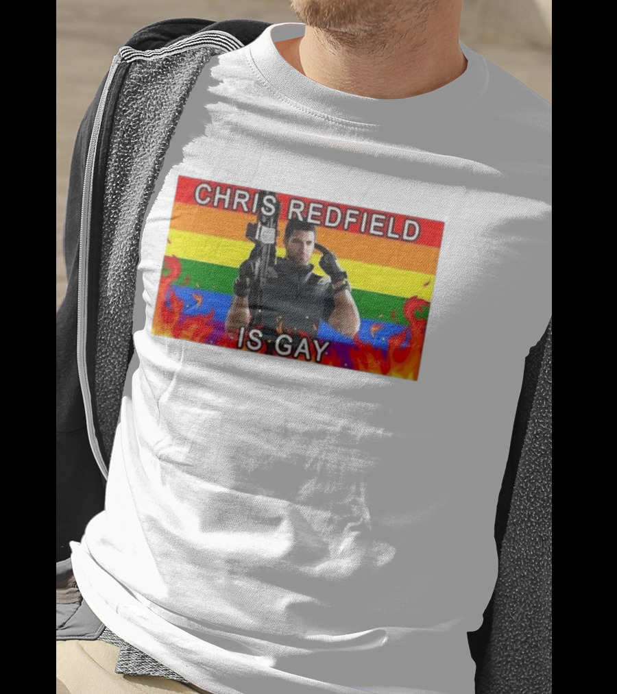 Chris Redfield Is Gay Rainbow Background Flames T-Shirt