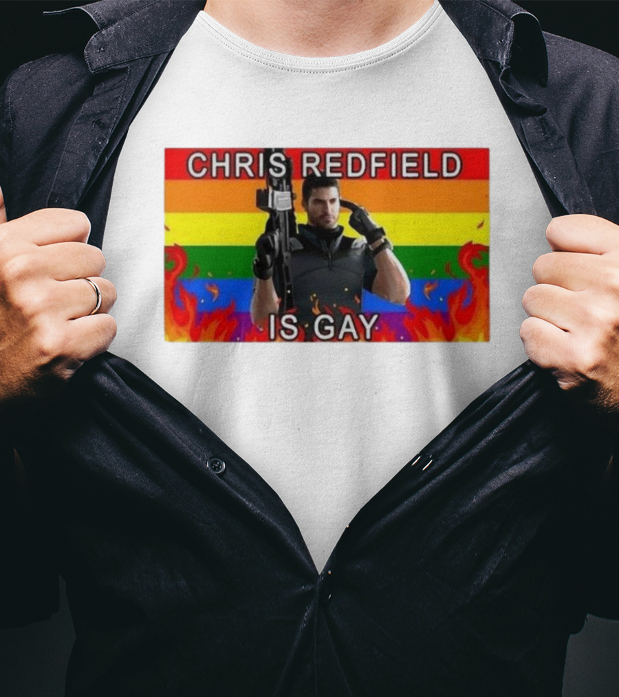 Chris Redfield Is Gay Rainbow Background Flames T-Shirt