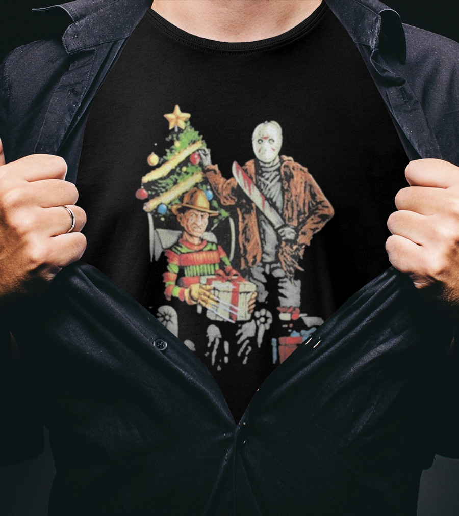 Jason Voorhees Freddy Krueger Christmas Horror Icons Holiday Scene T-Shirt