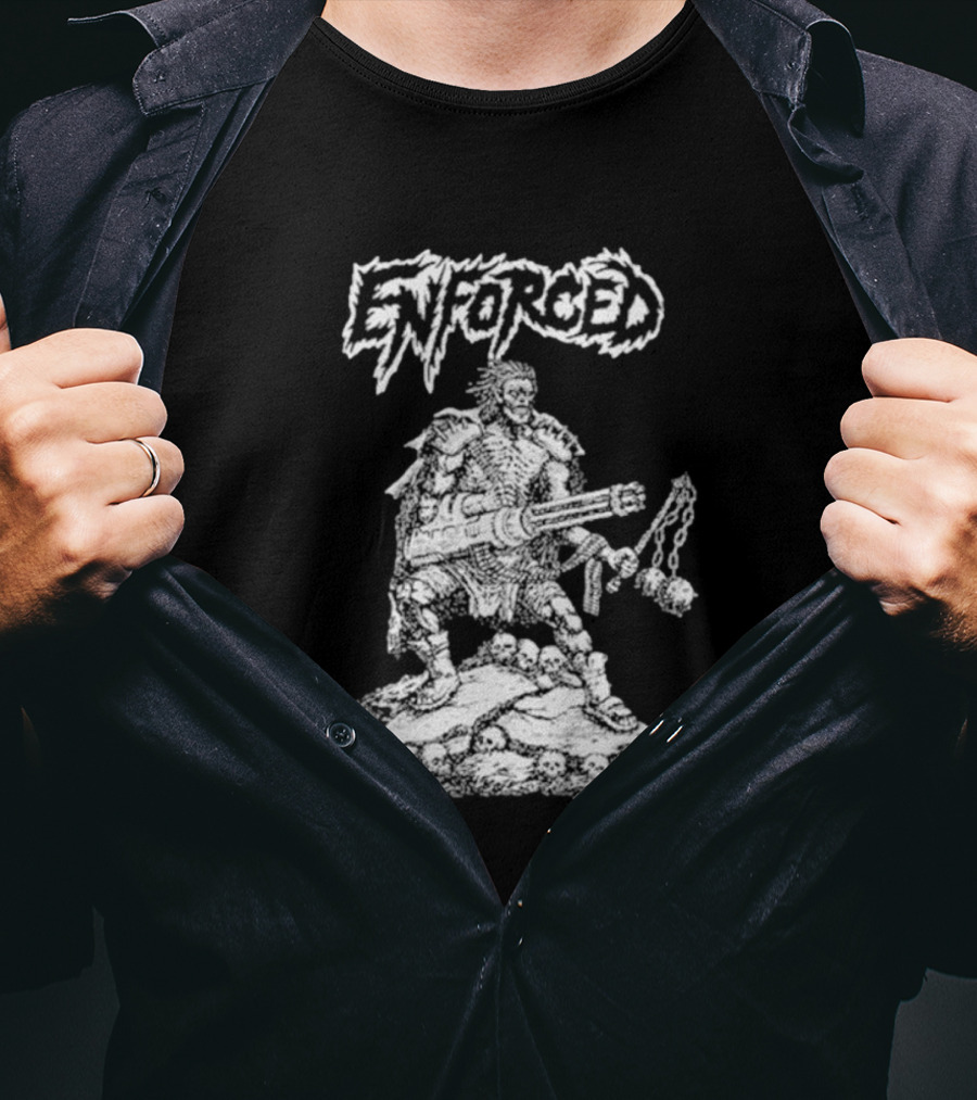 Enforced Sacrament Warrior With Spiked Chains And Machine Gun On Skull Mound T-Shirt