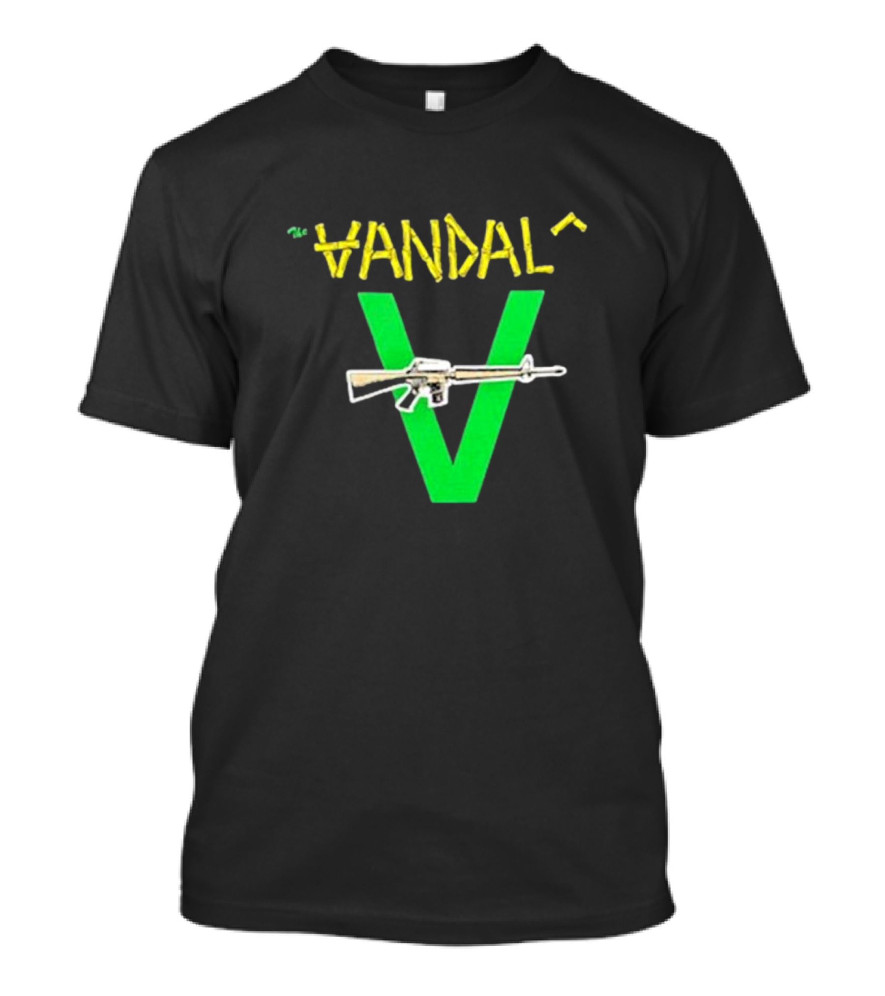 The Vandals Yellow Text Green V Rifle Image T-Shirt